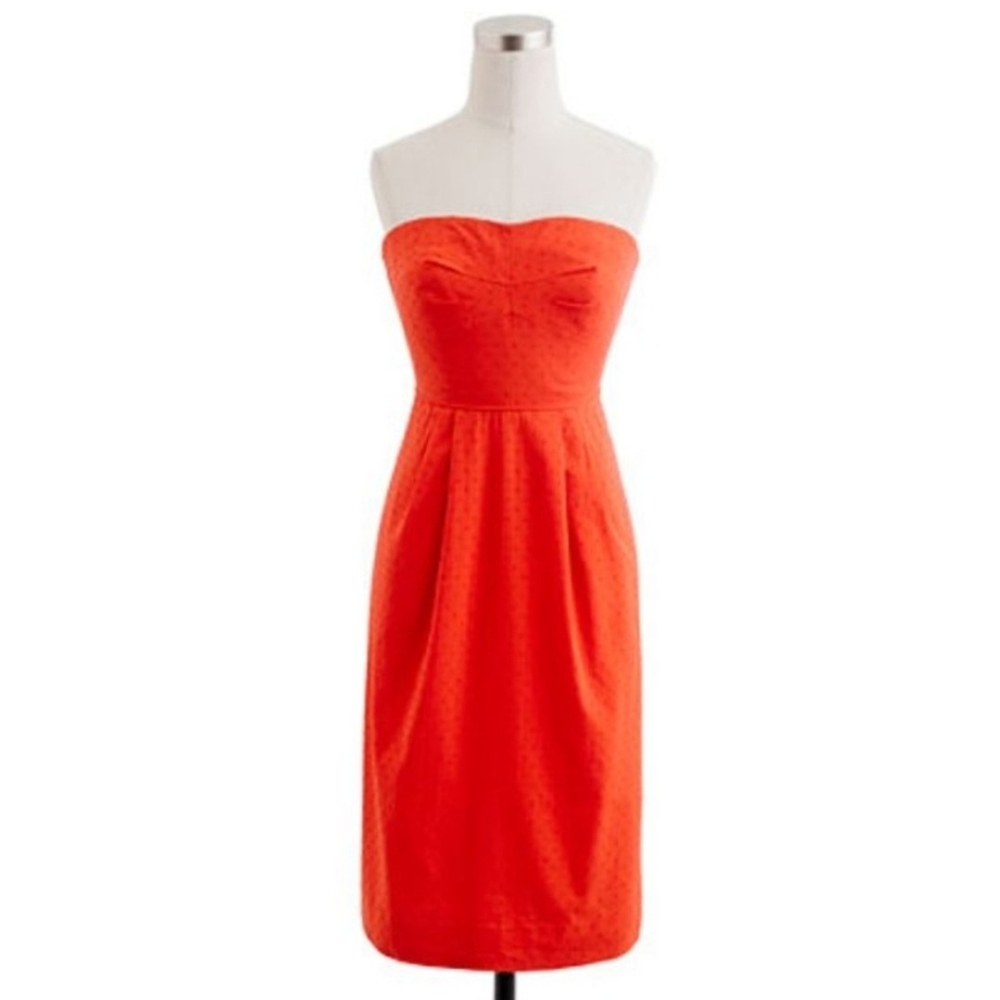 J. Crew Red Orange Pleated Strapless Cocktail Dress